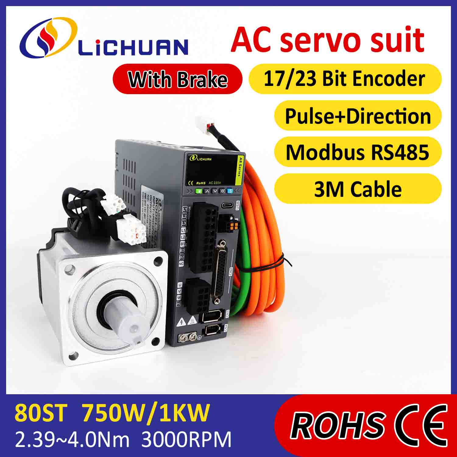 Lichuan AC Servo Motor Driver Kit A8 Akurasi Tinggi STO ABZ 1001W 1KW 4.0N.m 220V 4.6A 2500/3000RPM IP65