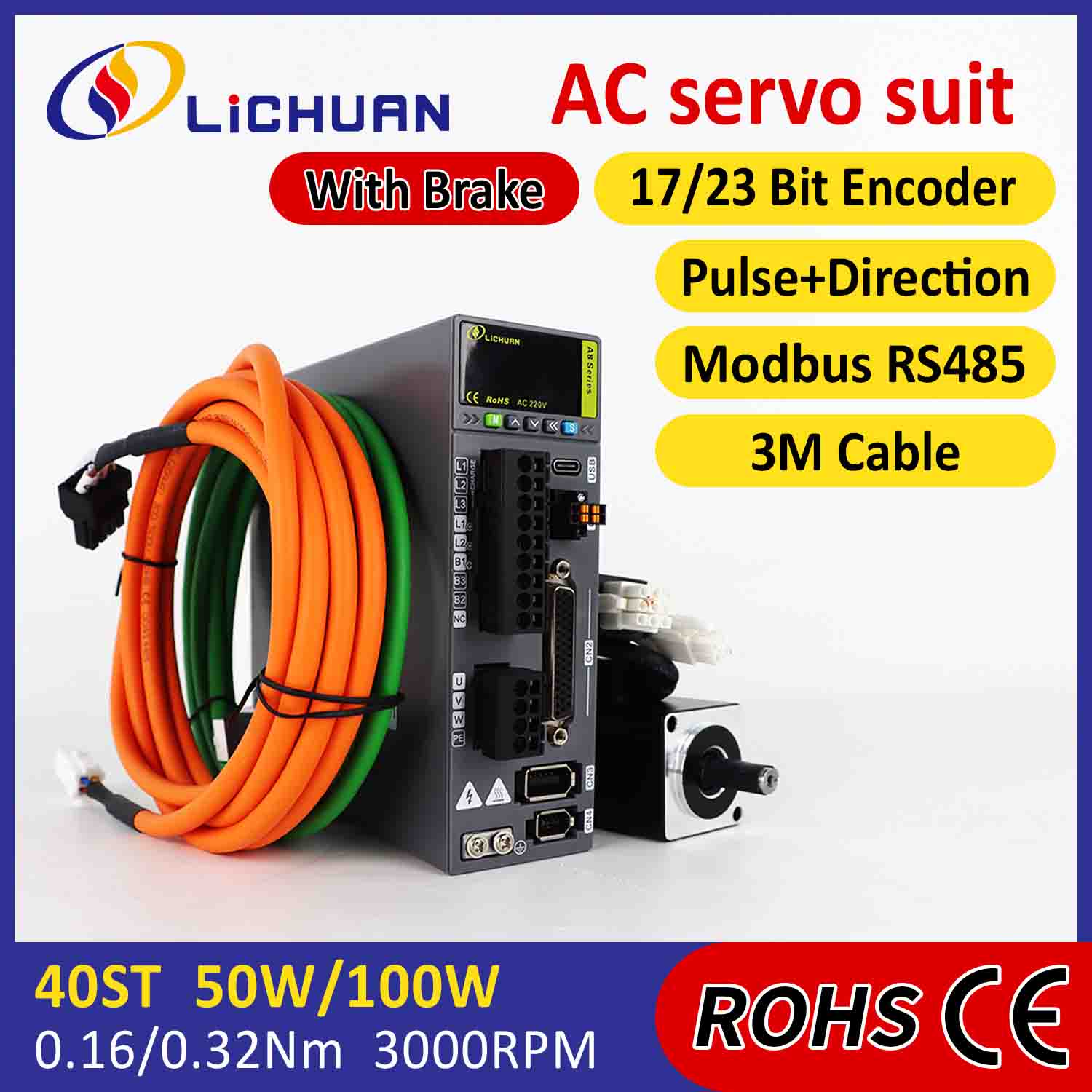 Lichuan AC Servo Motor Driver Kit A8 Akurasi Tinggi STO ABZ 100W 0.32N.m 220V 1.1A 3000RPM IP65