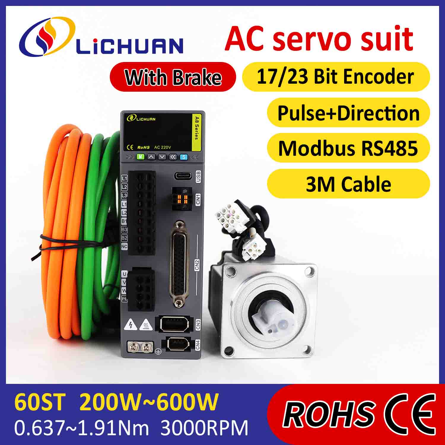Lichuan AC Servo Motor Driver Kit A8 Akurasi Tinggi STO ABZ 200W 0.637N.m 220V 1.6A 3000RPM IP65