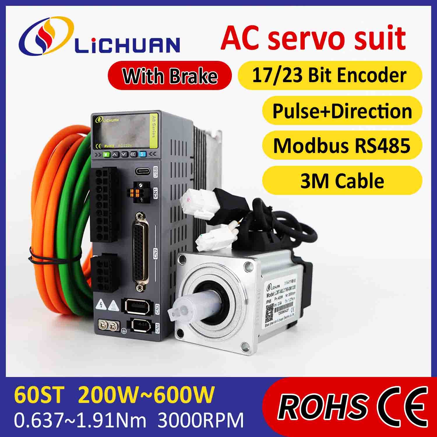 Lichuan AC Servo Motor Driver Kit A8 Akurasi Tinggi STO ABZ 400W 1.27N.m 220V 2.5A 3000RPM IP65
