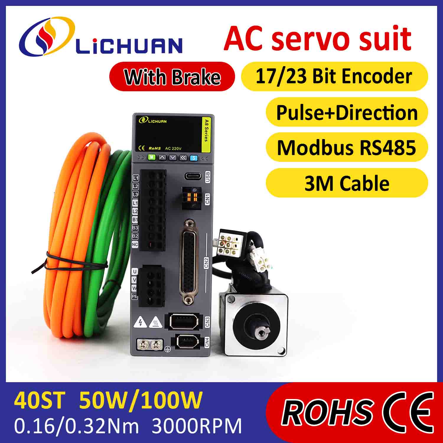 Lichuan AC Servo Motor Driver Kit A8 Akurasi Tinggi STO ABZ 50W 0.16N.m 220V 0.8A 3000RPM IP65