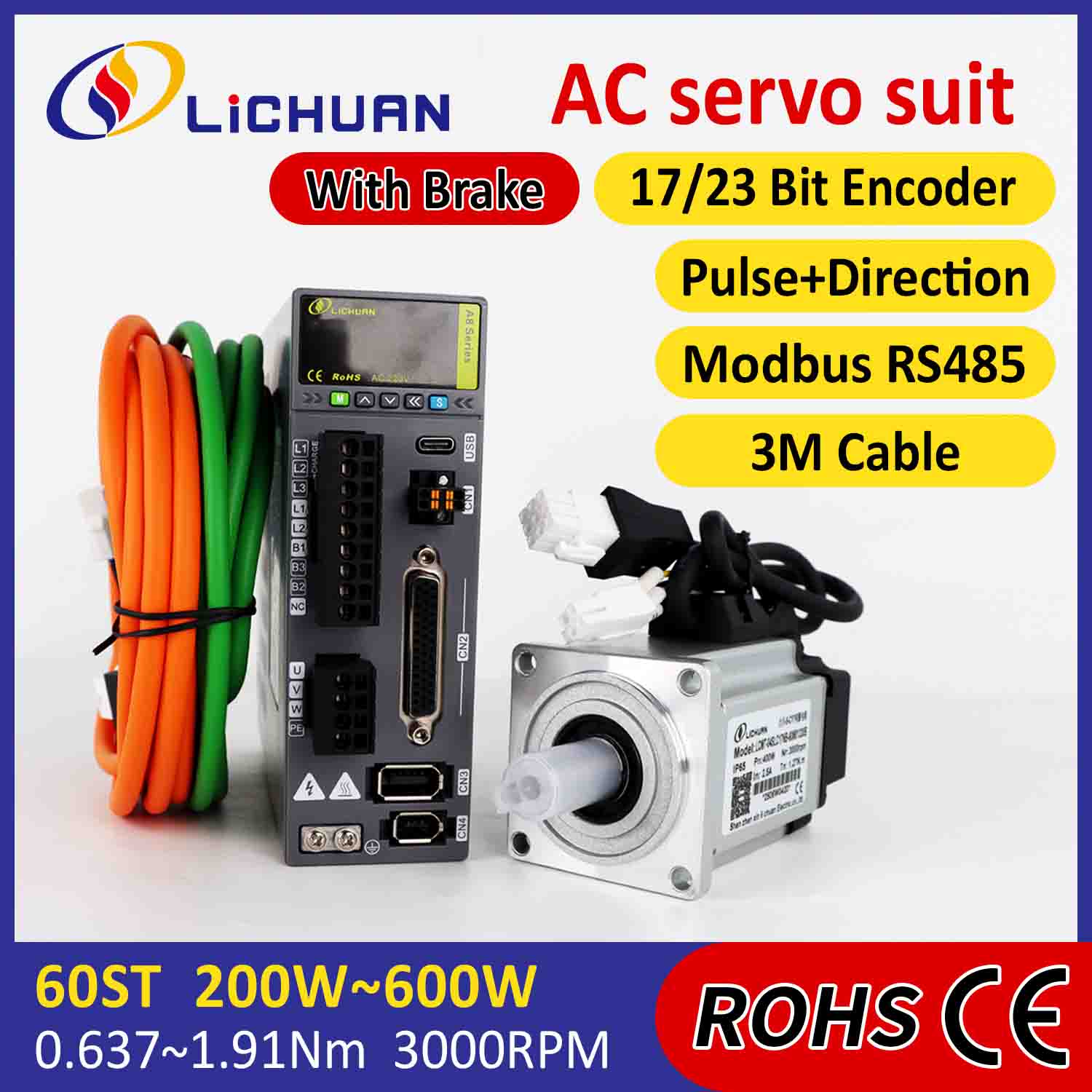 Lichuan AC Servo Motor Driver Kit A8 Akurasi Tinggi STO ABZ 600W 1.91N.m 220V 3.3A 3000RPM IP65