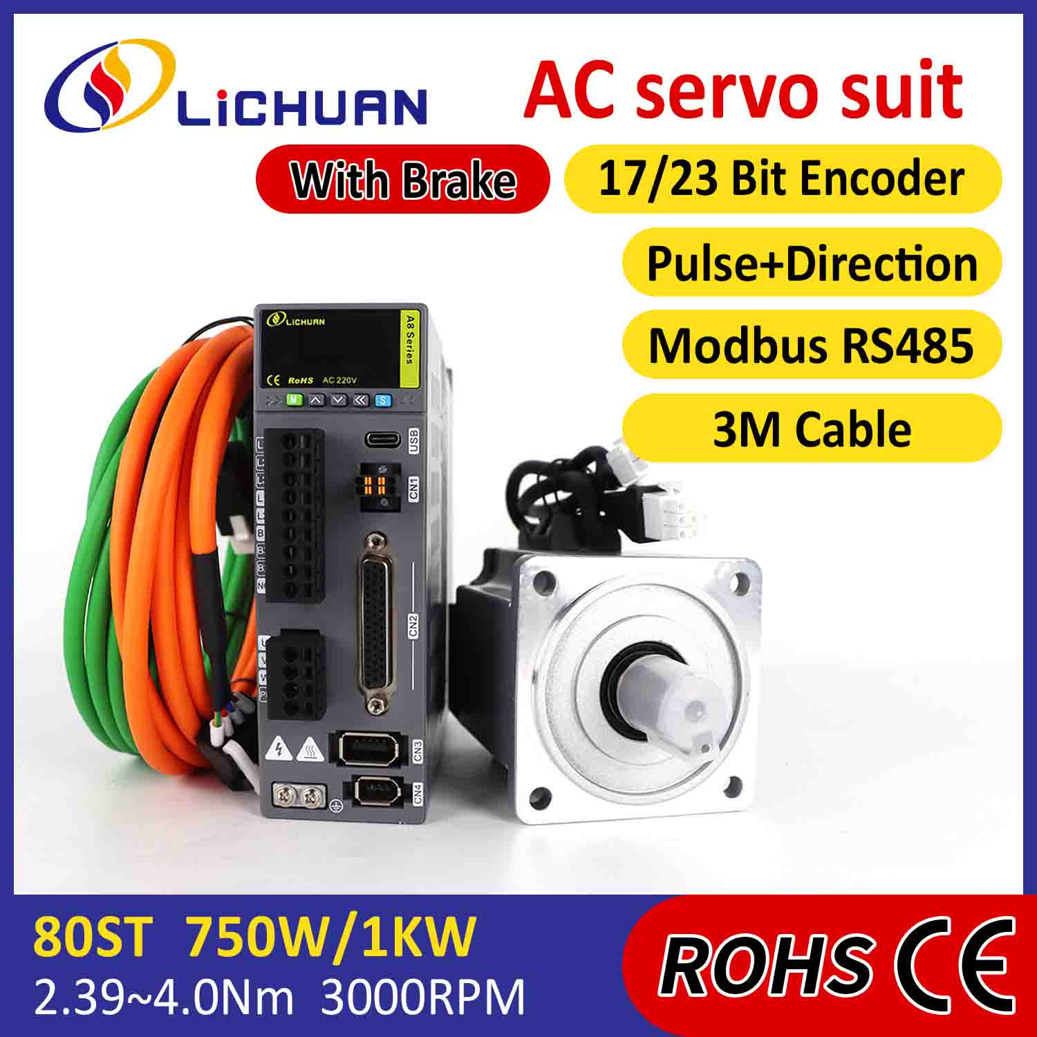 Lichuan AC Servo Motor Driver Kit A8 Akurasi Tinggi STO ABZ 750W 0.75KW 2.39N.m 220V 4.5A 2500/3000RPM IP65