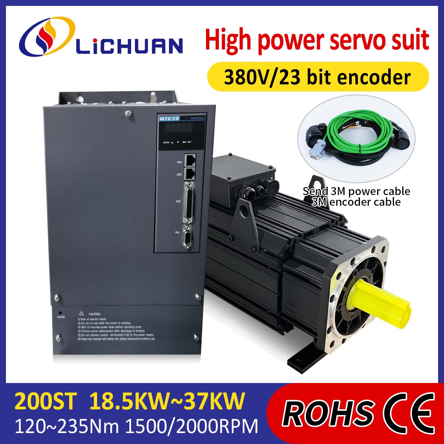 Lichuan AC Servo Motor Driver Kit DAYA TINGGI 88N.m 18.5KW AC380V 31.6A 1500/2000RPM IP65