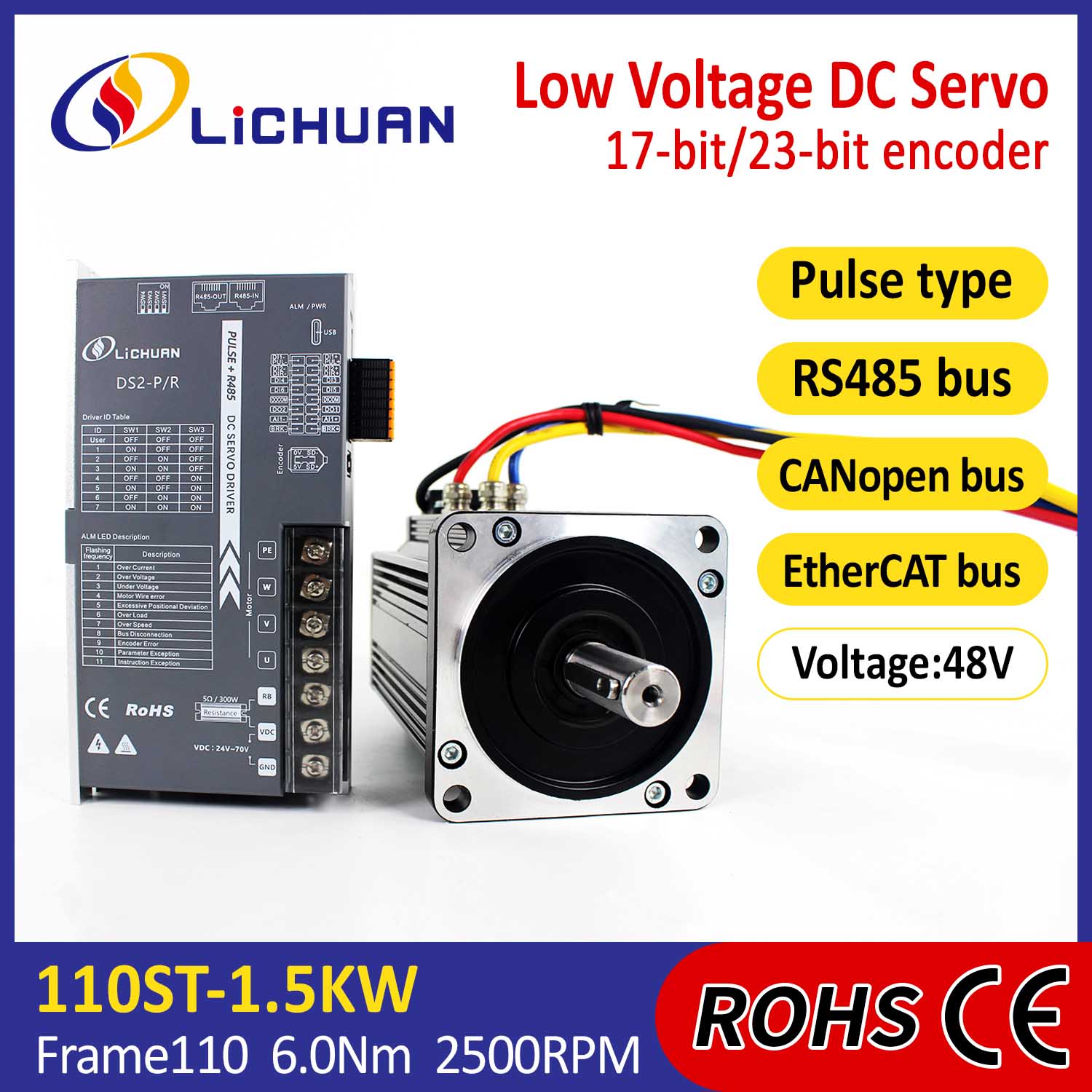 Pulsa / RS485 / Canopen / Ethercat 110 Flanged 1.5kw / 1500W Low Voltase DC Servo Motor driver Kit Servo Motor Kit