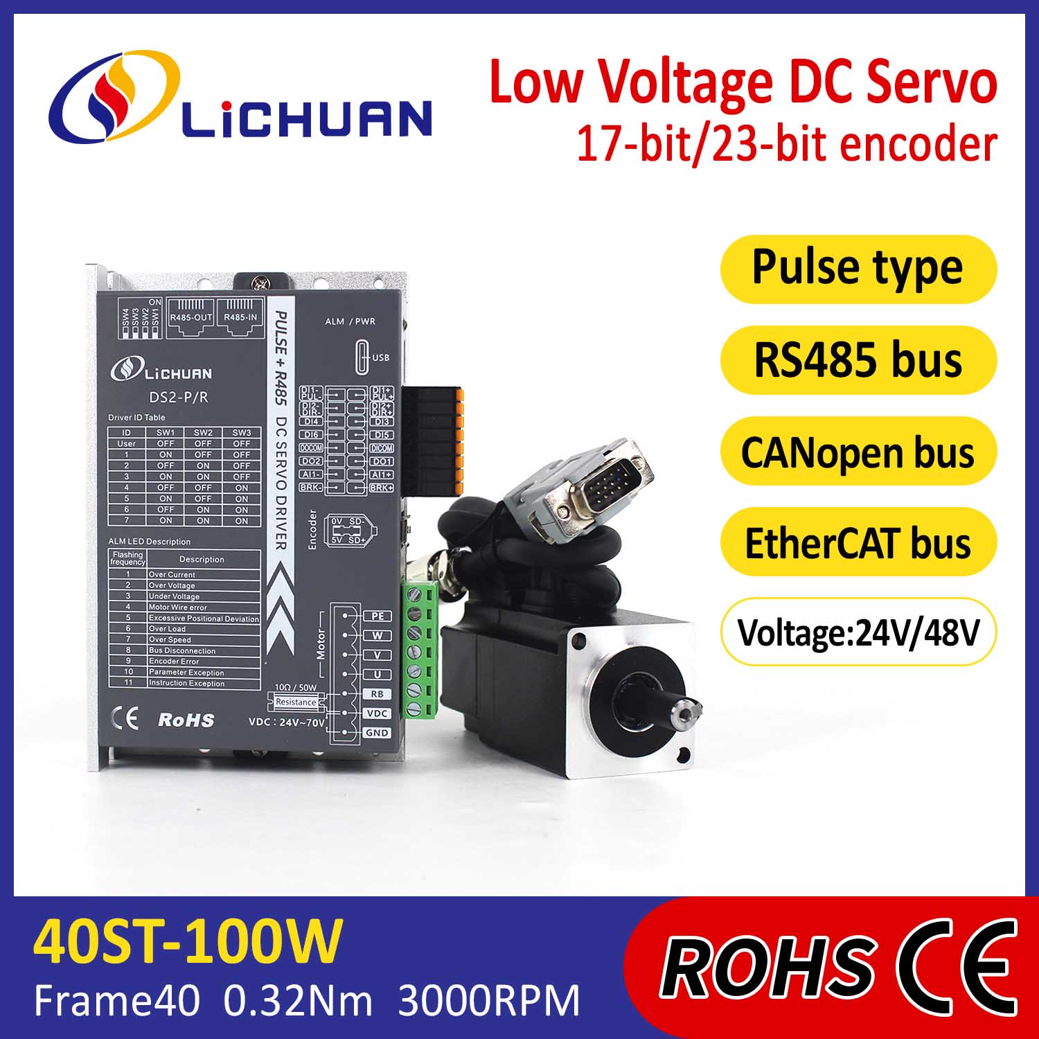 Pulsa / RS485 / Canopen / Ethercat 40 Flanged 100w Low Voltase DC Servo Motor driver Kit