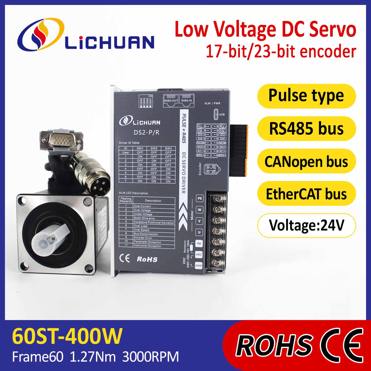 Pulsa / RS485 / Canopen / Ethercat 60 Flanged 400W Voltage DC Servo Motor driver Kit