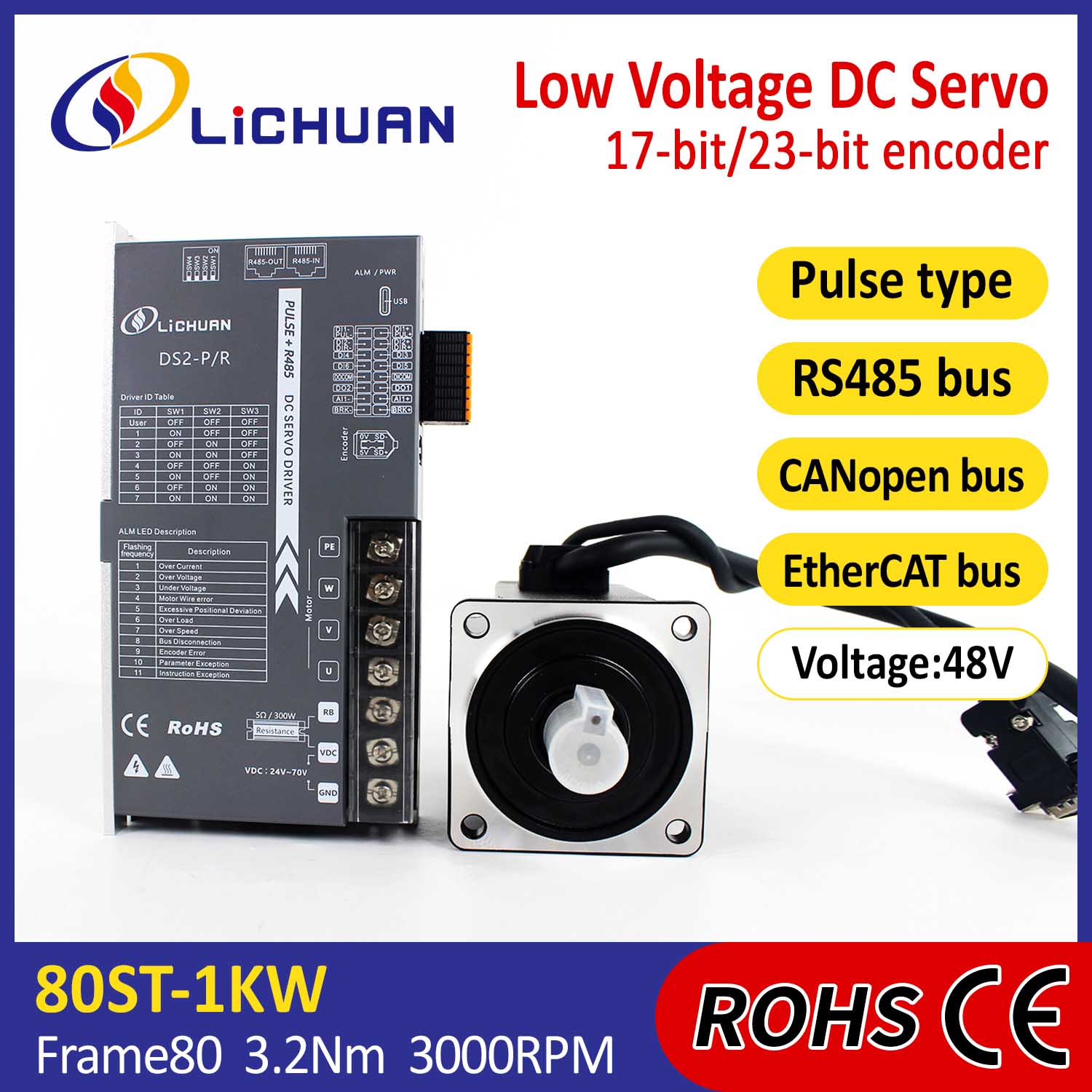 Pulsa / RS485 / Canopen / Ethercat 80 flanged 1kw / 1000w murah voltase dc servo motor driver Kit Servo motor Kit